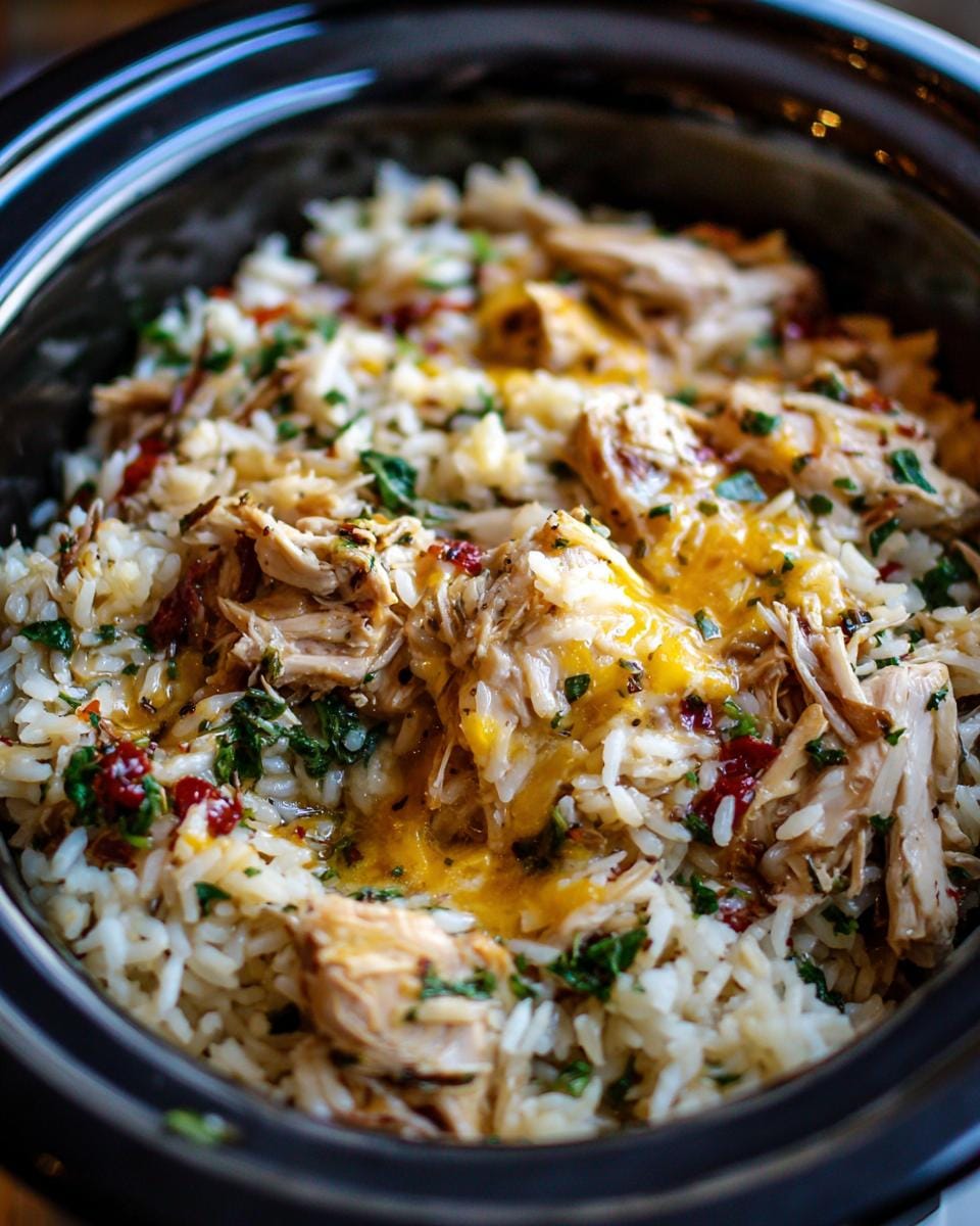 Close-up of shredded chicken and rice in a slow cooker, topped with melted cheese and herbs.