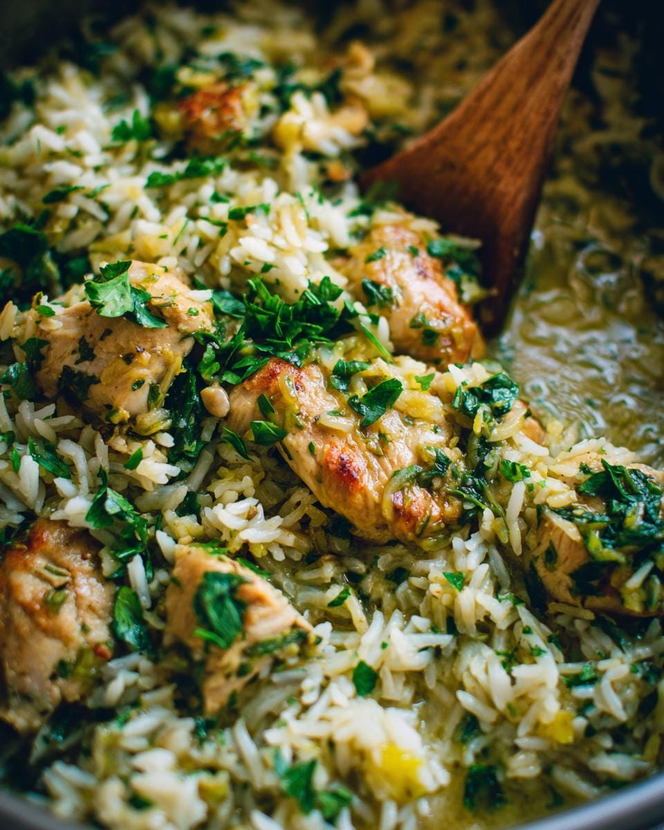 Close-up of Slow Cooker Lemon Herb Chicken and Rice with tender chicken pieces and fluffy rice, garnished with fresh parsley.