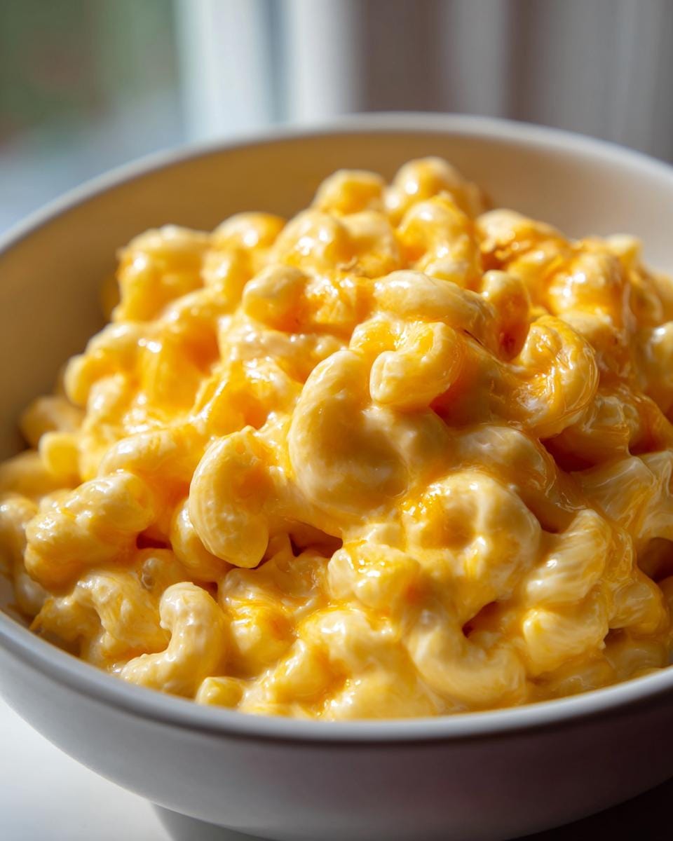 Close-up of a bowl filled with creamy Slow Cooker Mac and Cheese, showing melted cheese and elbow macaroni.