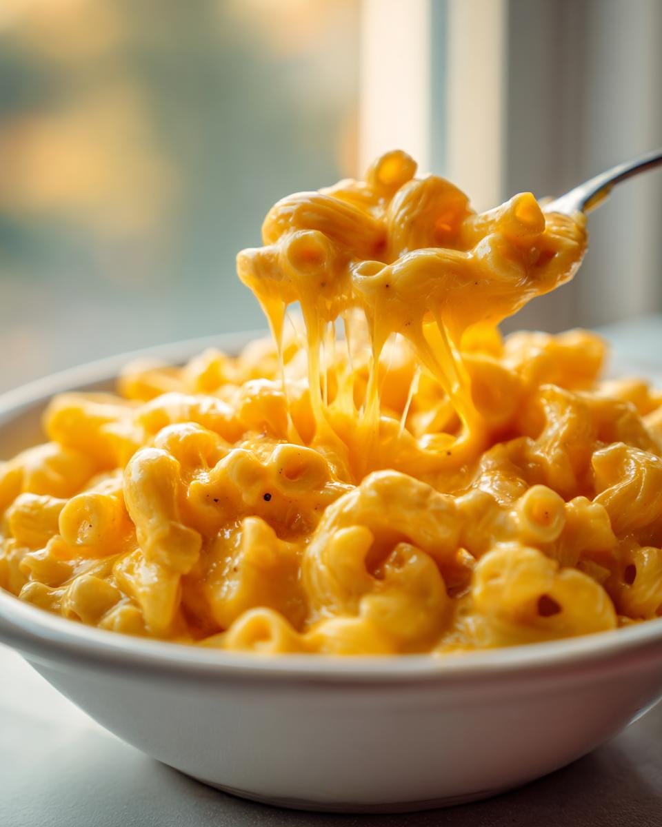 A fork lifting a cheesy portion of Slow Cooker Mac and Cheese from a white bowl.