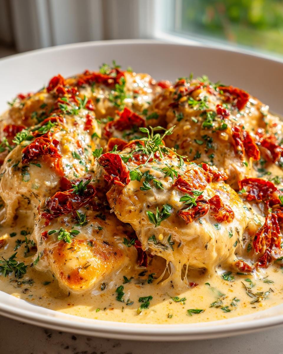 Close-up of creamy Slow Cooker Marry Me Chicken topped with sun-dried tomatoes and fresh herbs.