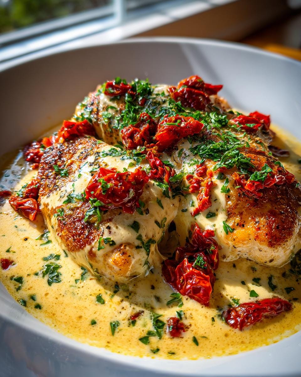 A close-up of Slow Cooker Marry Me Chicken in a creamy sauce, topped with sun-dried tomatoes and parsley.