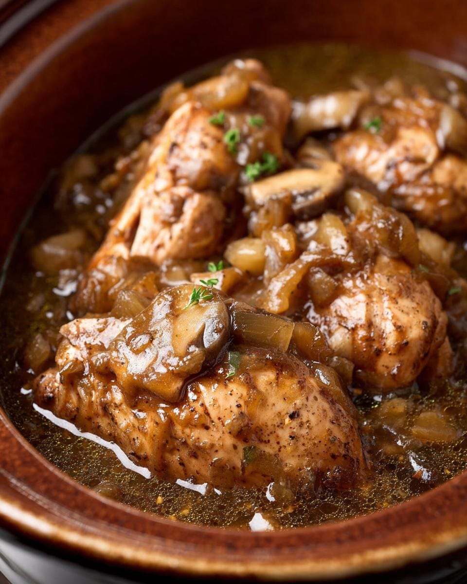 Close-up of tender chicken pieces in a rich onion soup broth with mushrooms, garnished with parsley.