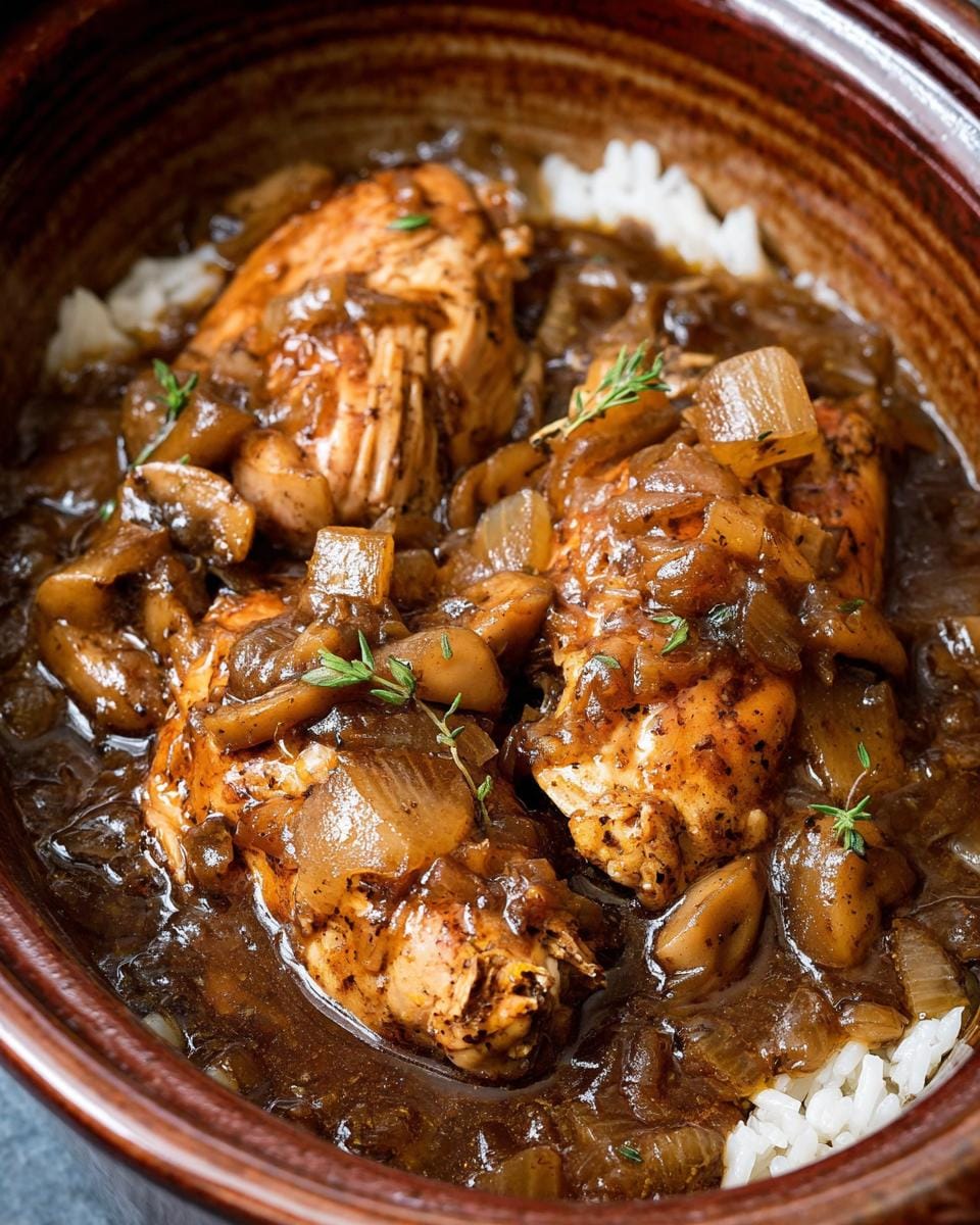 Close-up of tender chicken pieces in a rich onion soup sauce, served over white rice, featuring Slow Cooker Onion Soup Chicken.