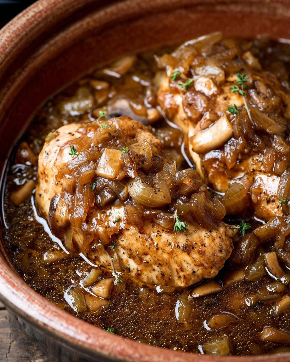 Close-up of tender chicken breasts coated in a rich onion soup sauce with mushrooms and herbs.