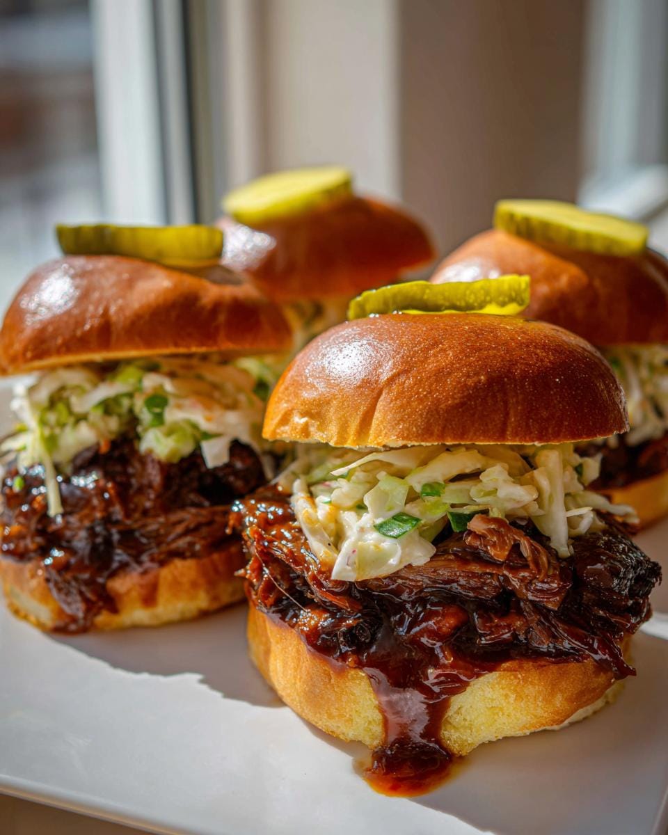 Close-up of delicious Slow Cooker Pulled Beef Sliders topped with creamy coleslaw and a pickle slice.