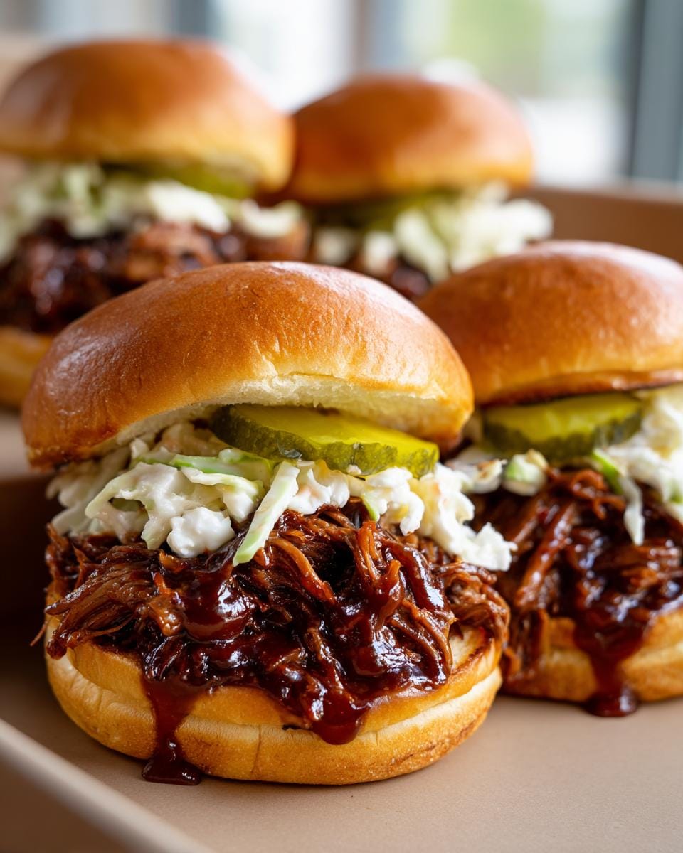 Close-up of delicious Slow Cooker Pulled Beef Sliders topped with creamy coleslaw and pickles.