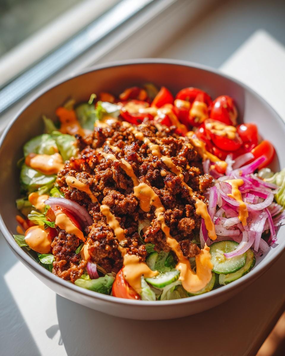 A close-up of a delicious smash burger bowl recipe with seasoned ground beef, lettuce, tomatoes, cucumbers, red onion, and a creamy sauce.