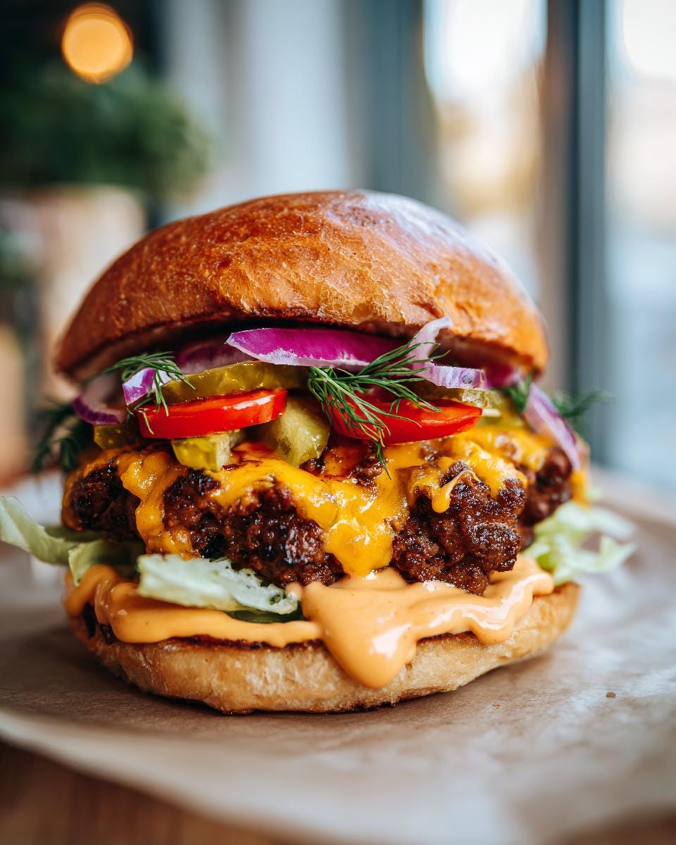 Close-up of a juicy smash burger bowl with melted cheese, fresh lettuce, pickles, and onions.