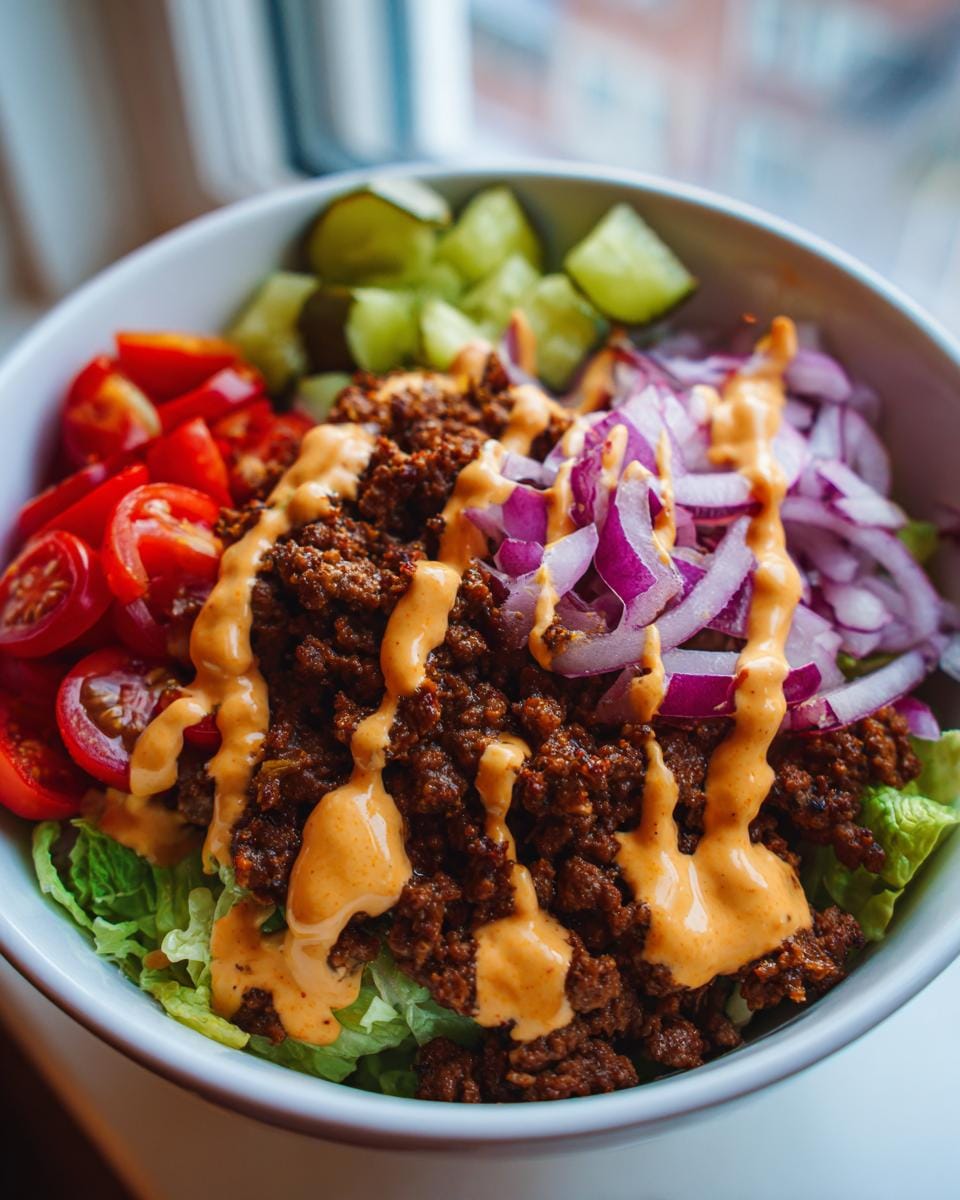 Close-up of a smash burger bowl recipe with seasoned ground beef, lettuce, tomatoes, red onions, pickles, and a creamy sauce.