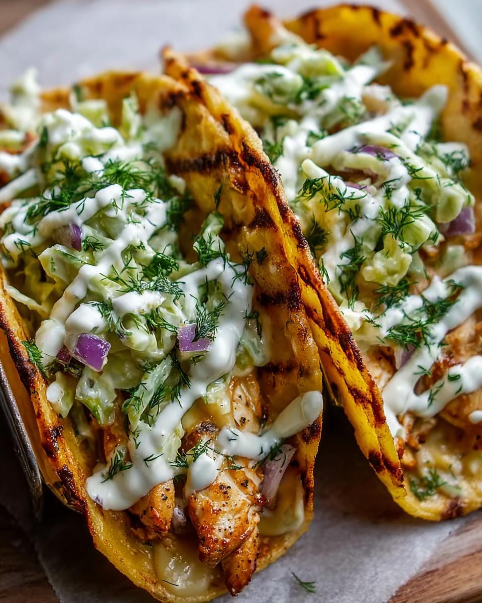 Close-up of two Smash Chicken Tacos filled with seasoned chicken, fresh slaw, and drizzled with pickle ranch sauce, topped with dill.