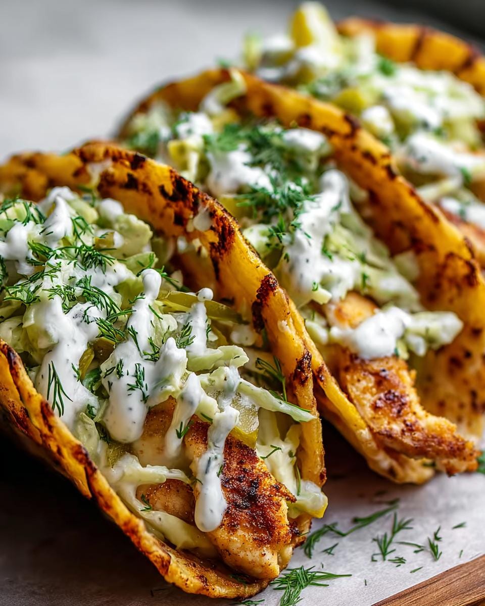 Close-up of three delicious Smash Chicken Tacos filled with chicken, pickle ranch slaw, and drizzled with ranch.