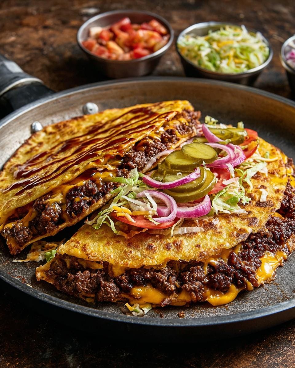 Close-up of a crispy Smashburger Quesadilla in a skillet, filled with seasoned ground beef and melted cheese, topped with fresh lettuce, tomato, onion, and pickles.