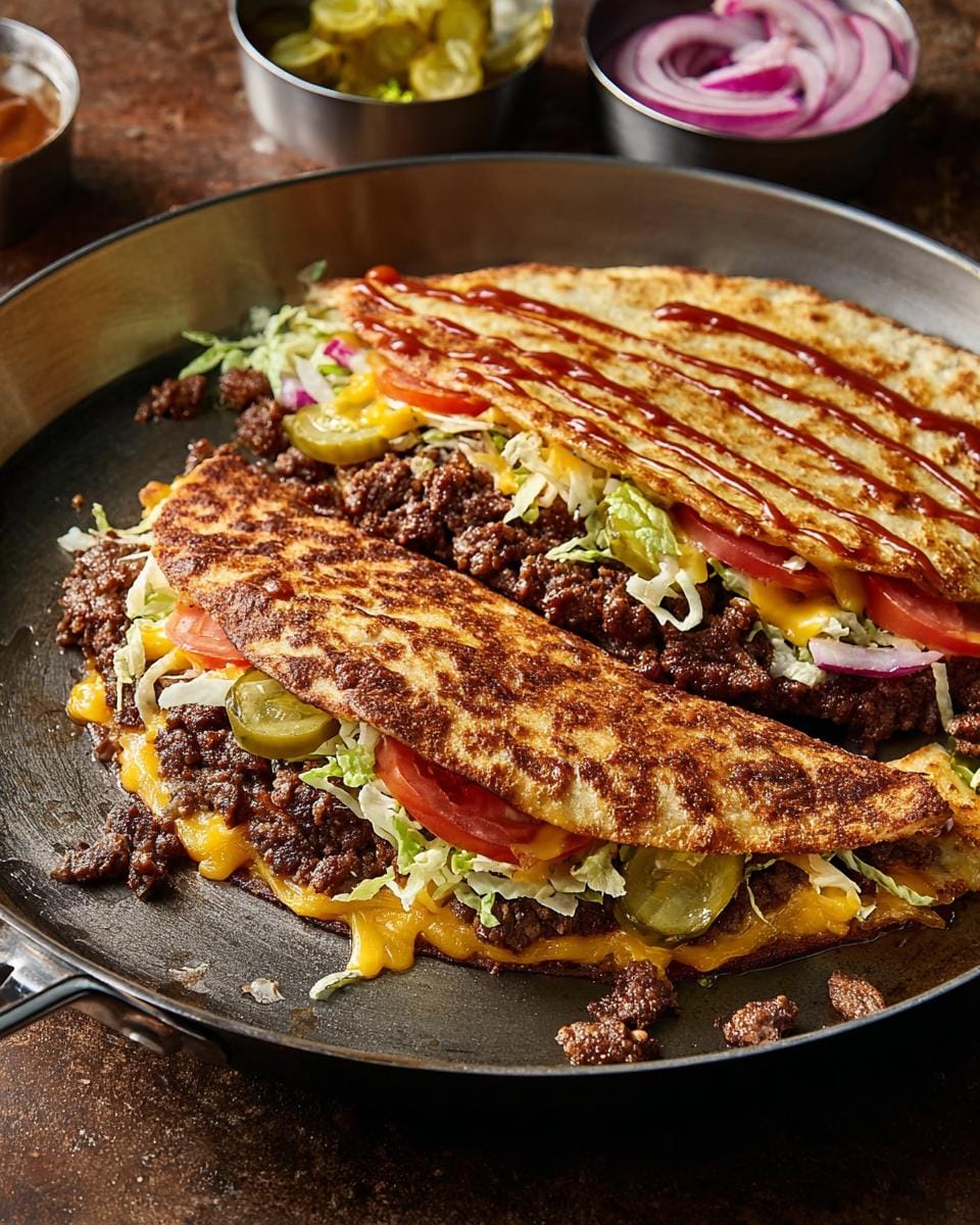 Two crispy Smashburger Quesadillas filled with seasoned ground beef, melted cheese, lettuce, tomato, and pickles, served in a skillet.