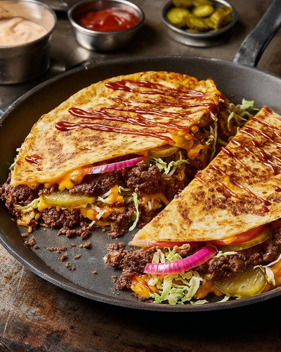A delicious Smashburger Quesadilla cut in half, served in a skillet with melted cheese, seasoned ground beef, pickles, onions, and lettuce.
