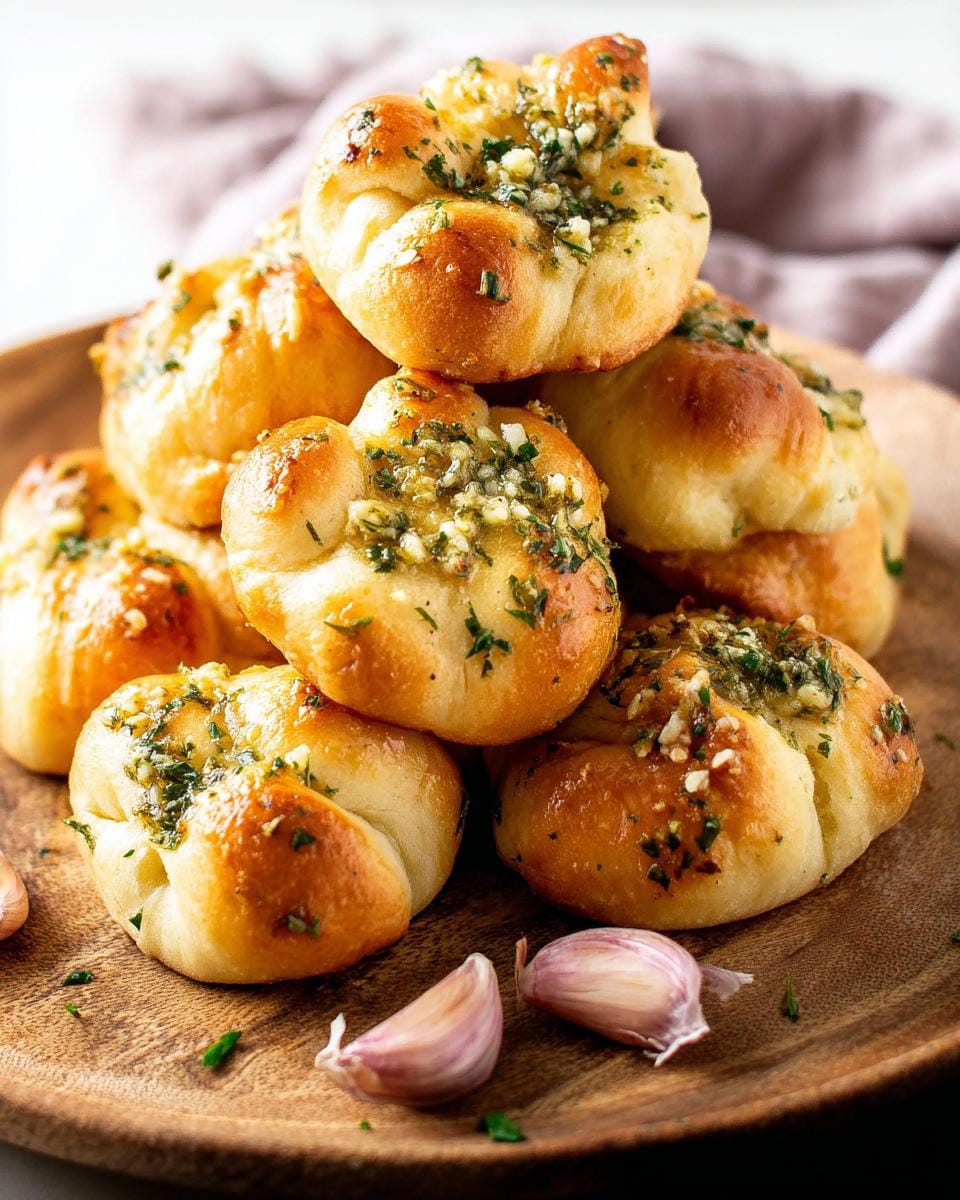 A stack of golden-brown Sourdough Discard Garlic Knots, generously topped with garlic and herbs, on a wooden plate.