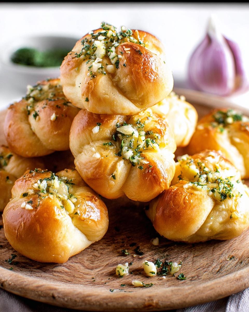 Close-up of golden-brown Sourdough Discard Garlic Knots, generously topped with minced garlic and parsley.