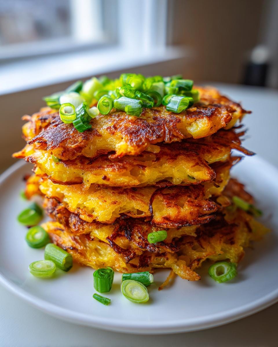 A stack of golden-brown spaghetti squash hash browns topped with fresh green onions.
