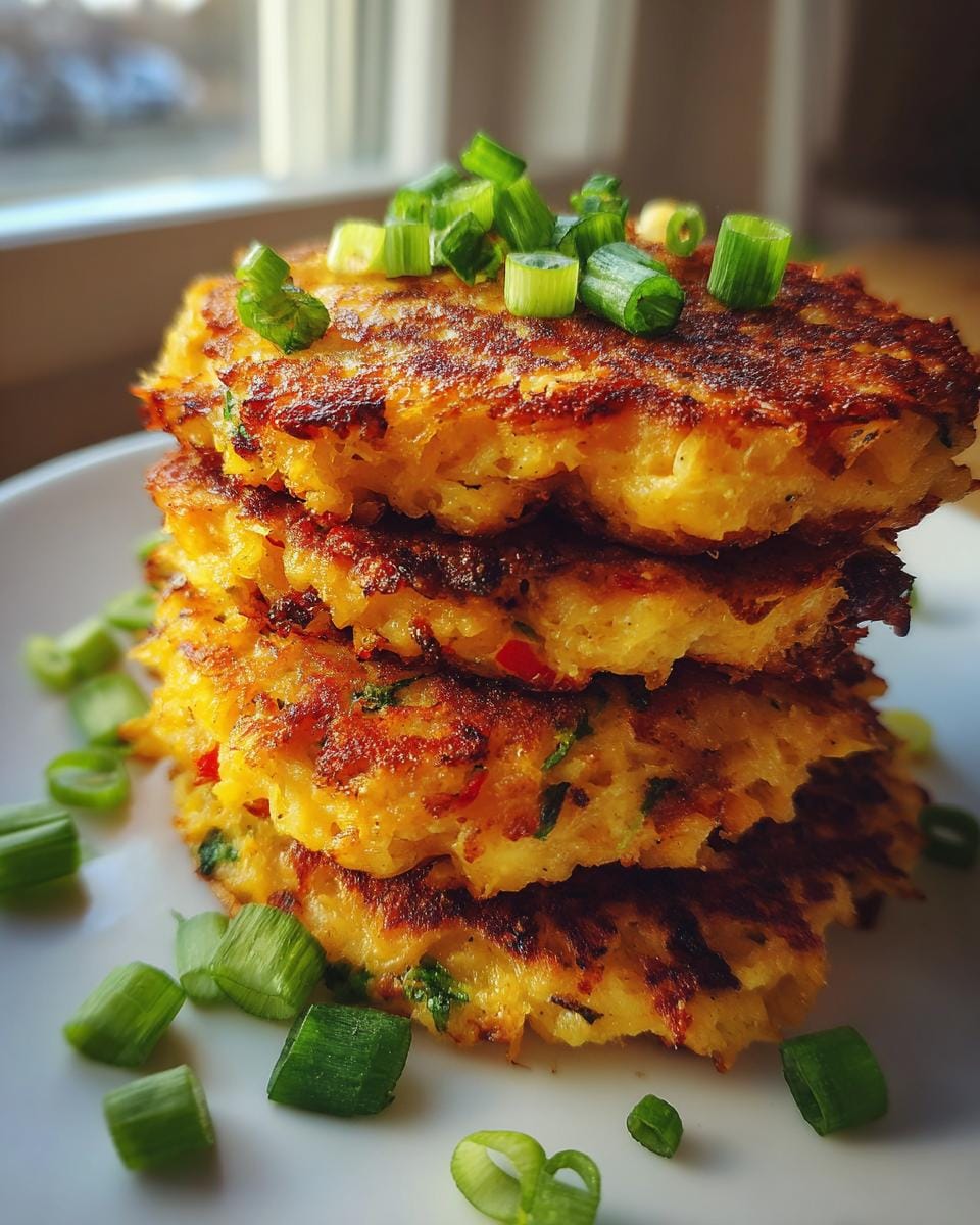 A stack of golden-brown Spaghetti Squash Hash Browns, topped and surrounded by chopped green onions.