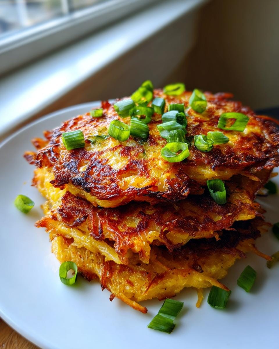 A stack of golden-brown Spaghetti Squash Hash Browns topped with chopped green onions.