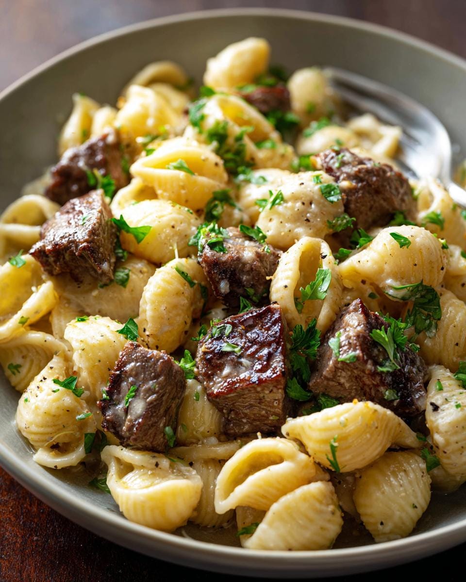 A close-up of Steak Bites Alfredo Pasta with Garlic Butter Sauce, featuring tender steak cubes and shell pasta coated in creamy sauce, garnished with parsley.
