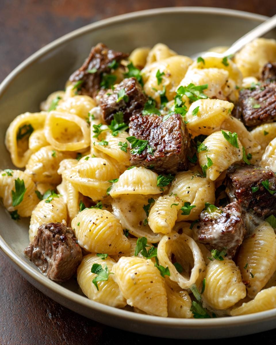 Close-up of Steak Bites Alfredo Pasta with Garlic Butter Sauce, featuring tender steak pieces and shell pasta in a creamy sauce, garnished with parsley.