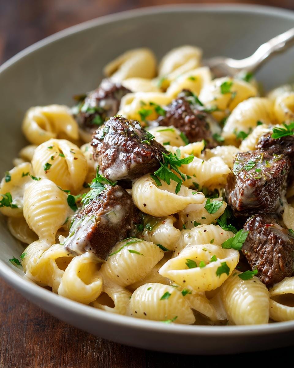 A close-up of Steak Bites Alfredo Pasta with Garlic Butter Sauce, featuring tender steak pieces and shell pasta coated in creamy sauce, garnished with parsley.