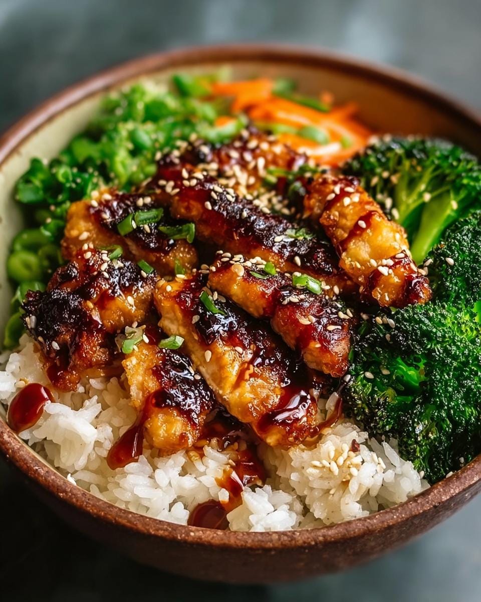 A close-up of delicious Sticky Chicken Bowls with Rice and Broccoli, topped with sesame seeds and green onions.