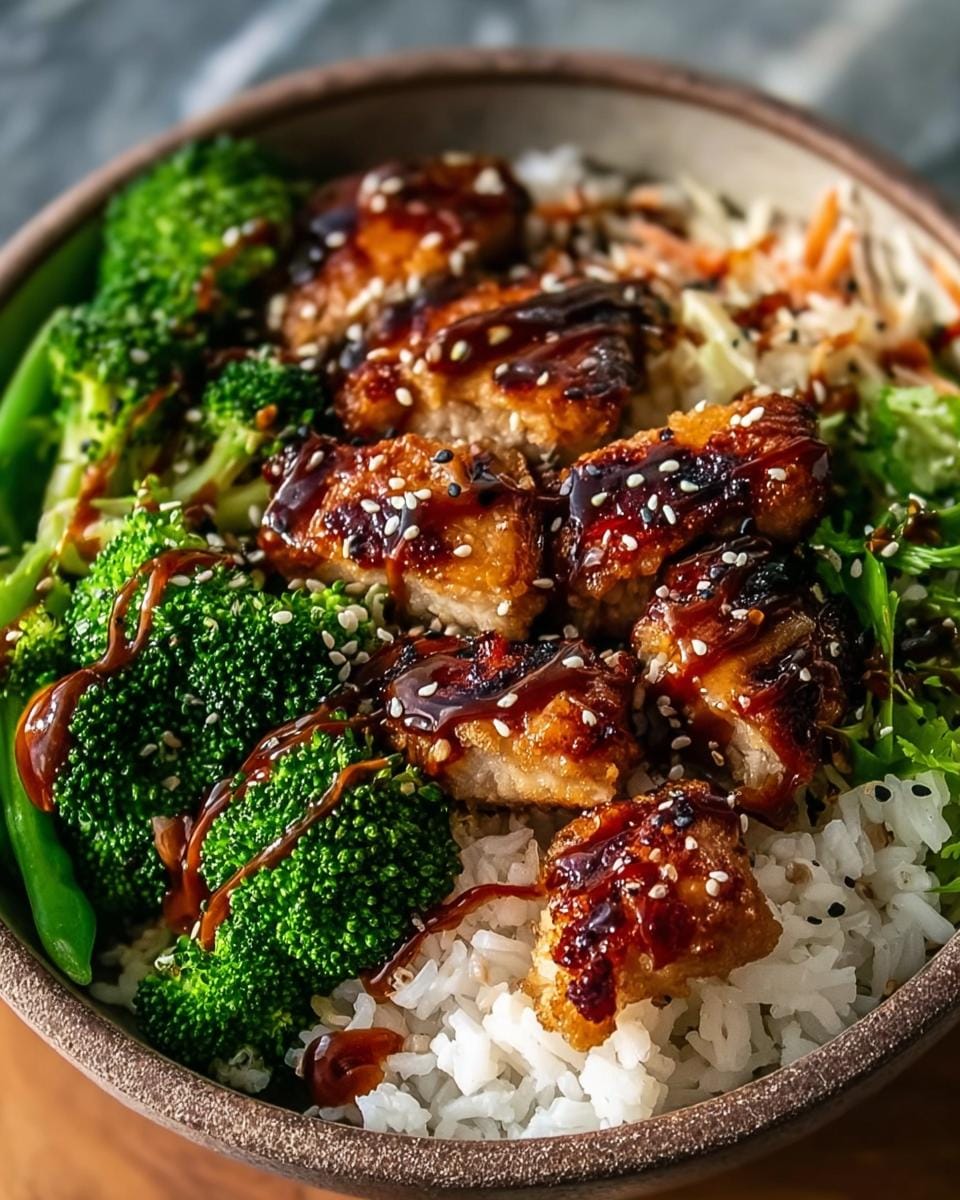Close-up of delicious Sticky Chicken Bowls with rice, broccoli, and a drizzle of sauce, topped with sesame seeds.