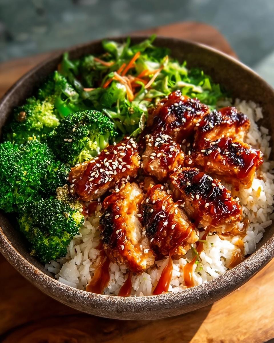 Close-up of a bowl of Sticky Chicken Bowls with Rice and Broccoli, topped with sesame seeds.