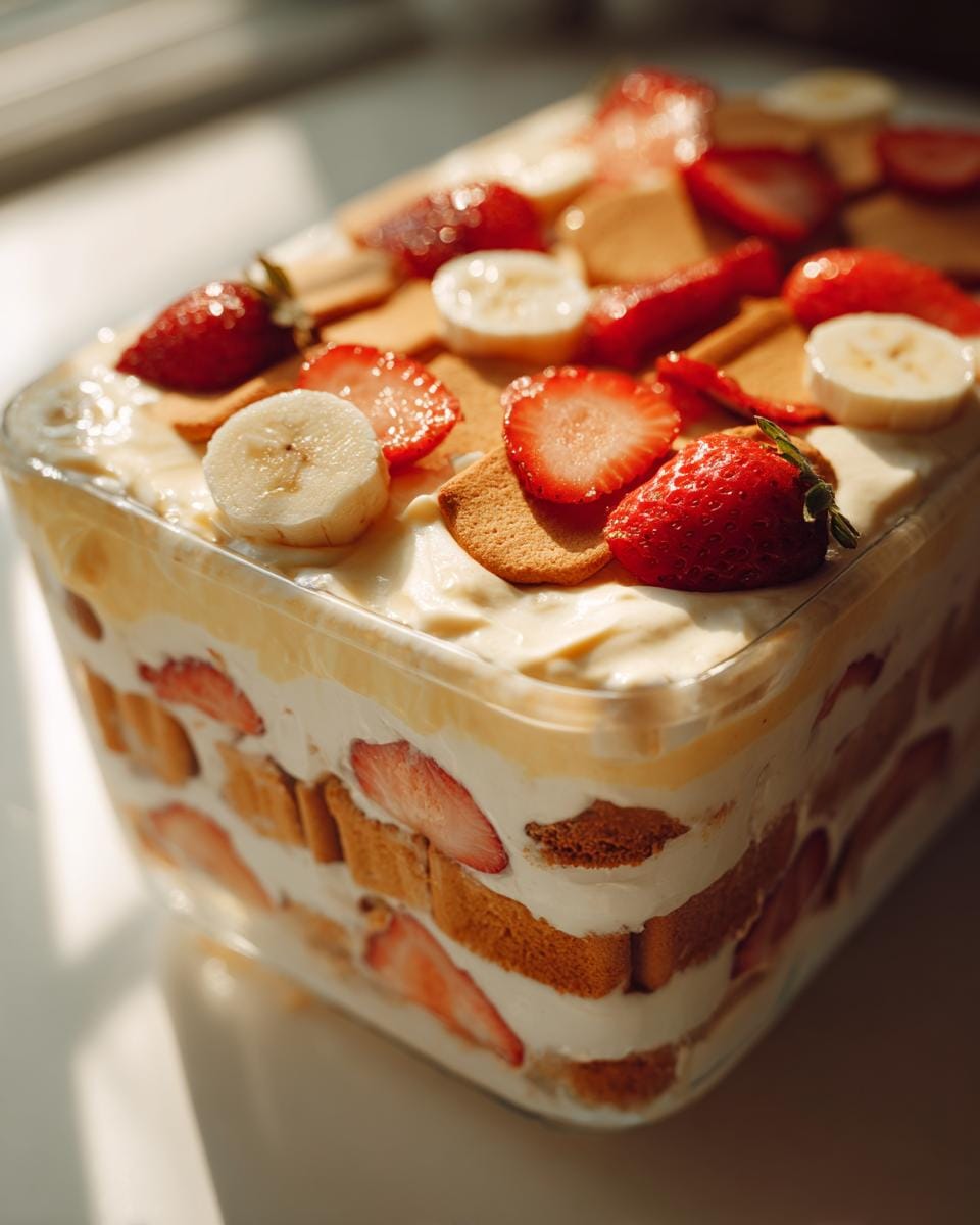 Close-up of a layered Strawberry Banana Pudding in a glass dish, featuring vanilla wafers, sliced strawberries, and bananas.