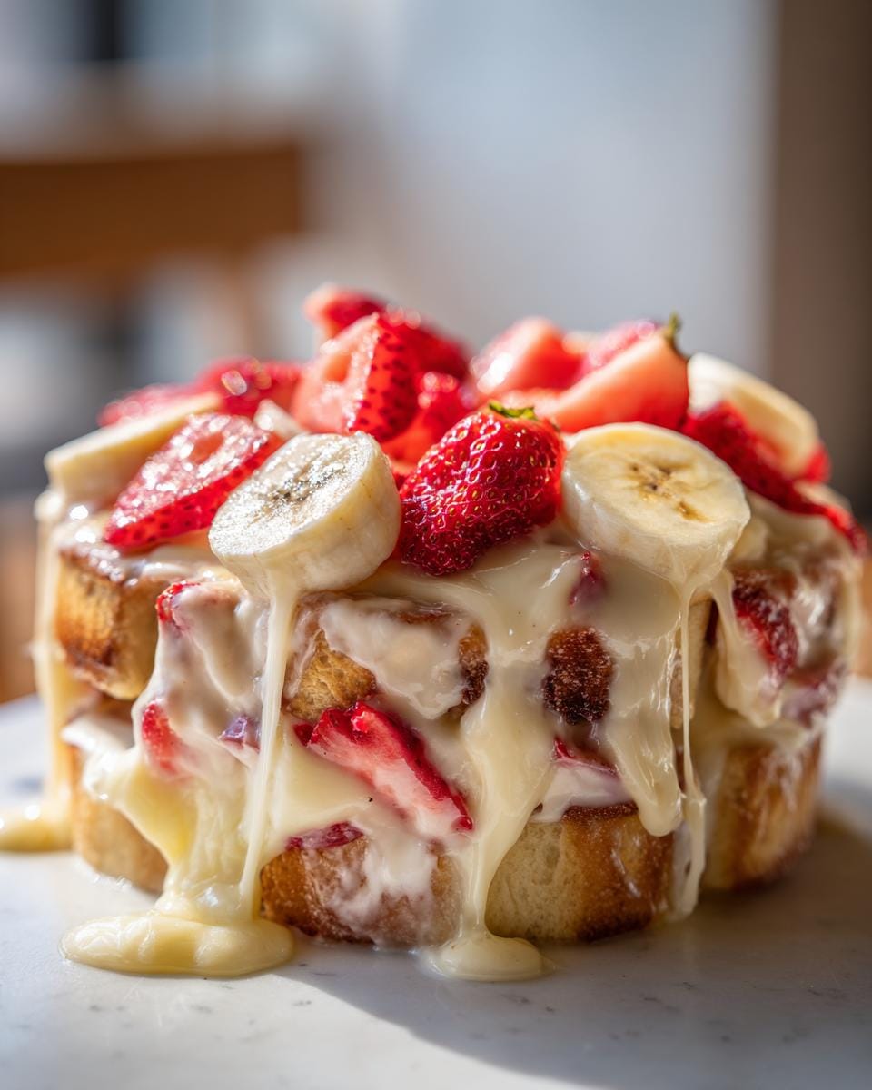 A decadent slice of Strawberry Banana Pudding, layered with toasted bread, fresh strawberries, bananas, and creamy pudding.