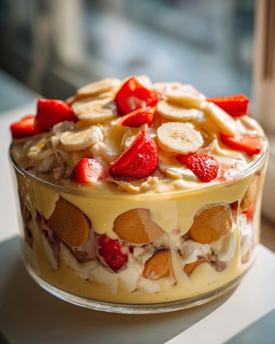 A close-up of a glass trifle bowl filled with layers of creamy pudding, vanilla wafers, fresh strawberries, and sliced bananas.