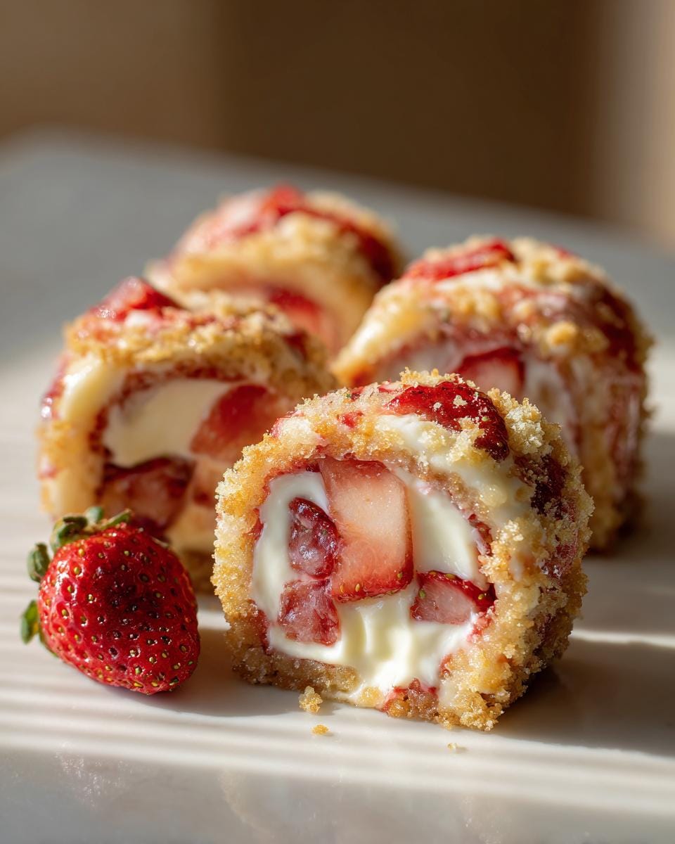 Close-up of Strawberry Shortcake Cheesecake Dessert Sushi Rolls filled with fresh strawberries and creamy cheesecake.
