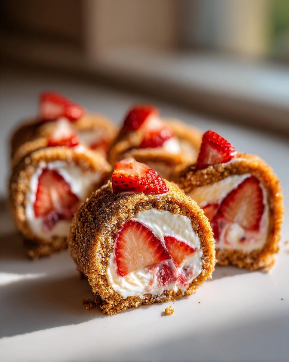 Close-up of Strawberry Shortcake Cheesecake Dessert Sushi Rolls filled with cream and fresh strawberries.
