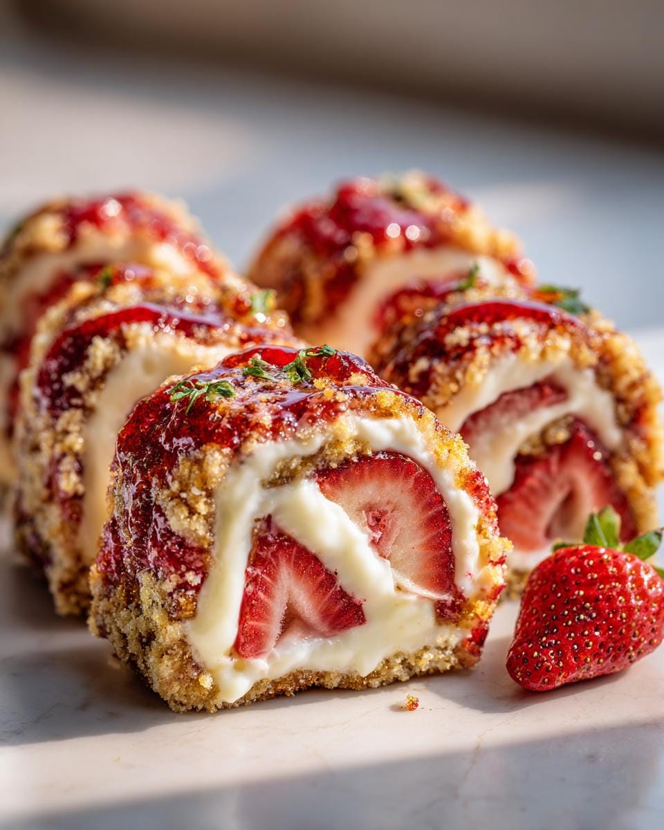 Close-up of Strawberry Shortcake Cheesecake Dessert Sushi Rolls with fresh strawberries and berry sauce.