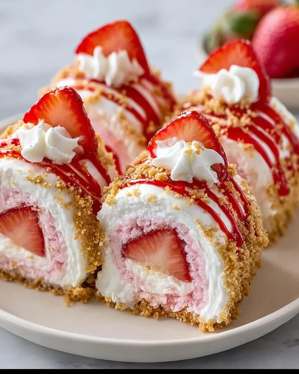Close-up of Strawberry Shortcake Sushi Rolls, a no-bake dessert with fresh strawberries, cream, and a graham cracker crust.