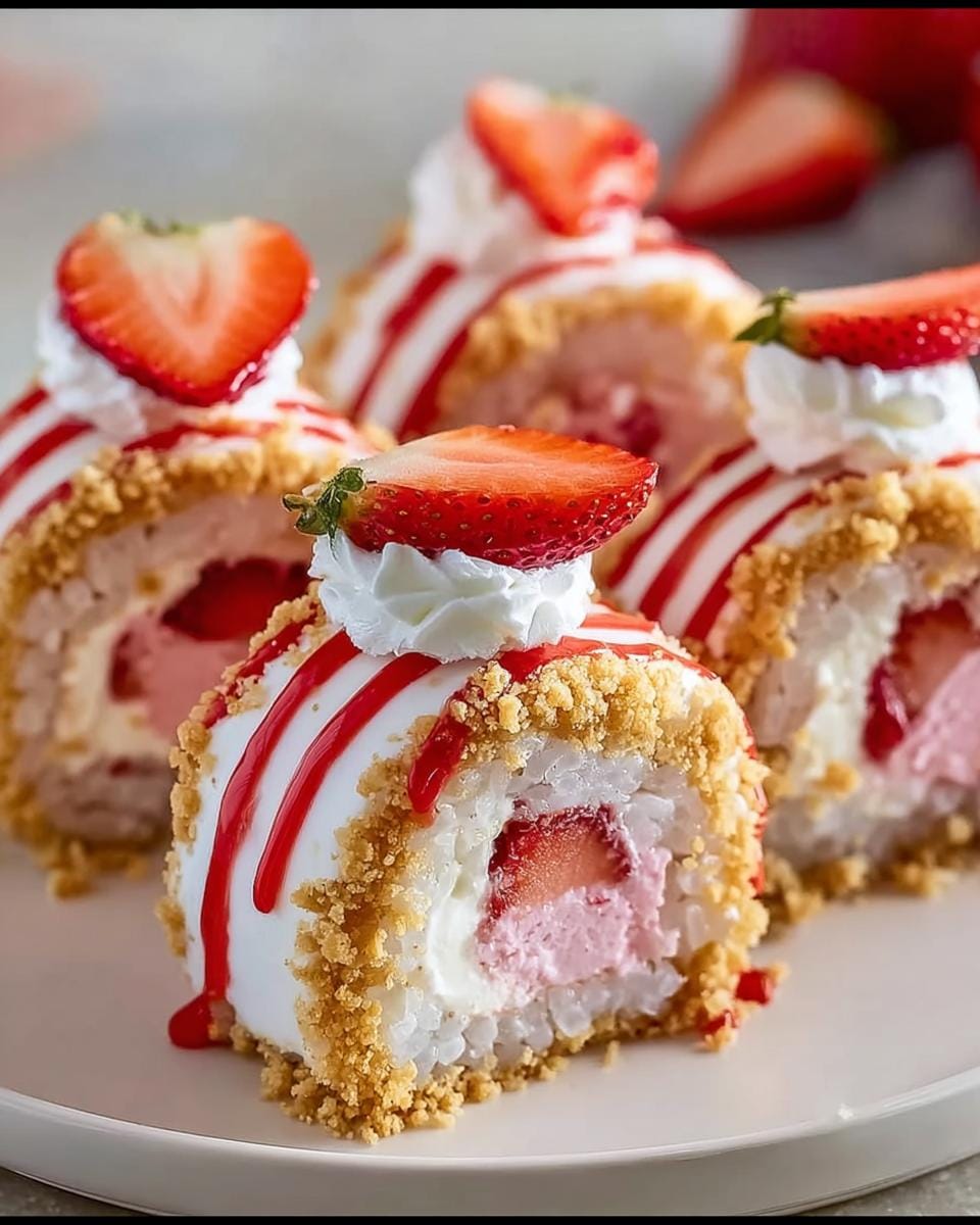 Close-up of delicious Strawberry Shortcake Sushi Rolls, topped with whipped cream and fresh strawberries.