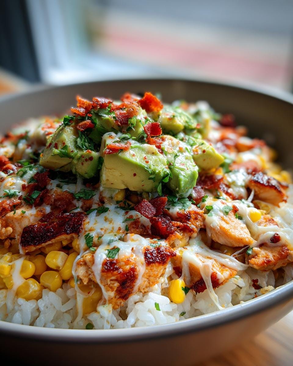 Close-up of a Street Corn Chicken Rice Bowl topped with avocado, crispy bacon, and melted cheese.