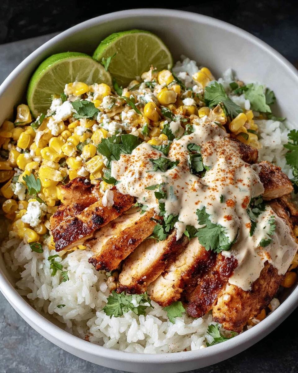 A delicious Street Corn Chicken Rice Bowl featuring grilled chicken, rice, corn, lime, and a creamy sauce.