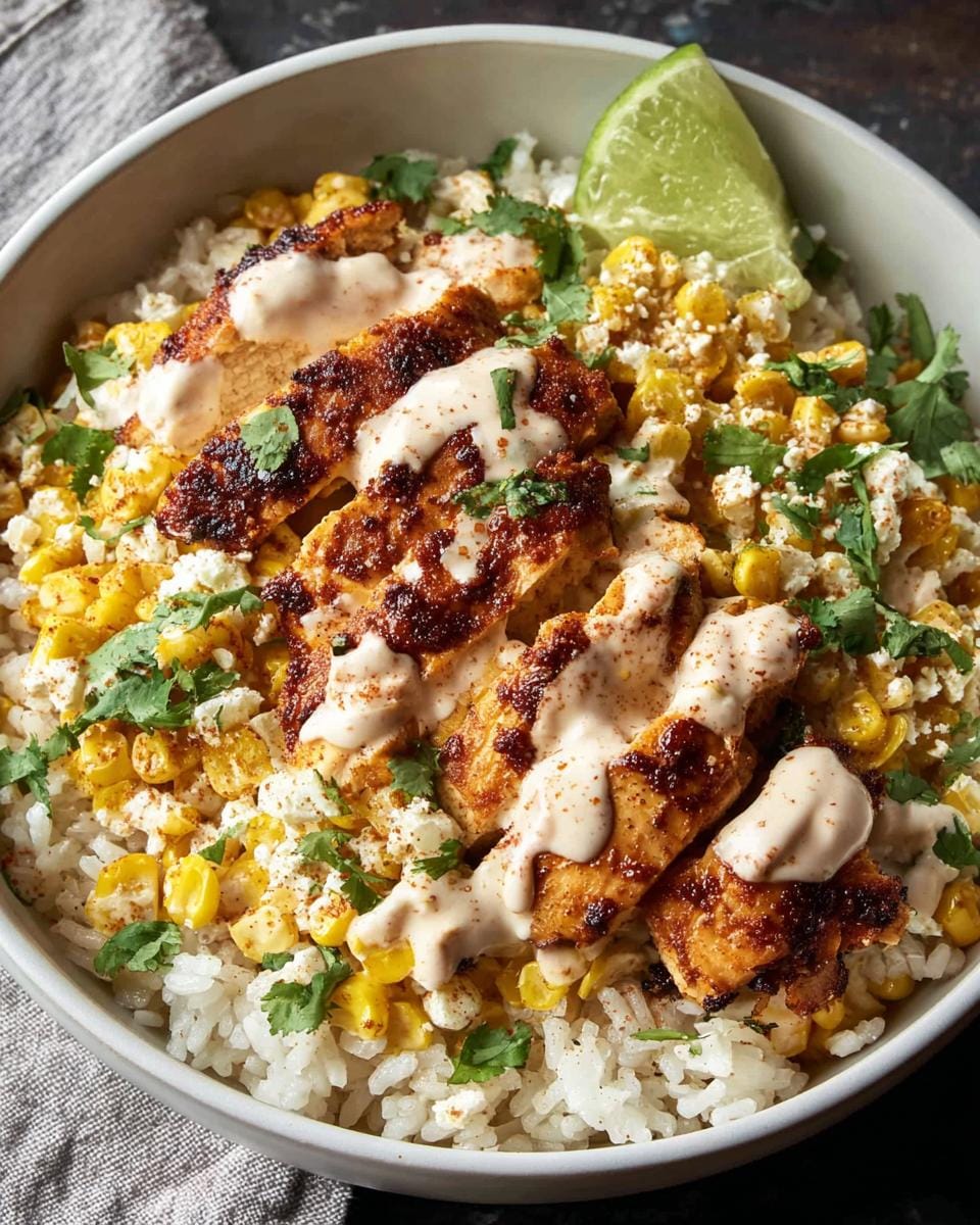 Close-up of a Street Corn Chicken Rice Bowl with seasoned chicken, rice, corn, crumbled cheese, and a lime wedge.