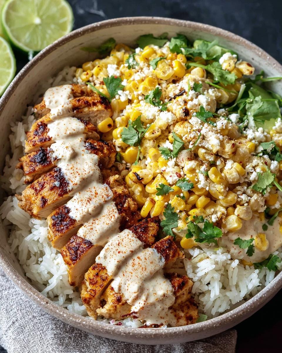 A delicious Street Corn Chicken Rice Bowl with grilled chicken, corn, rice, crumbled cheese, and a creamy sauce.