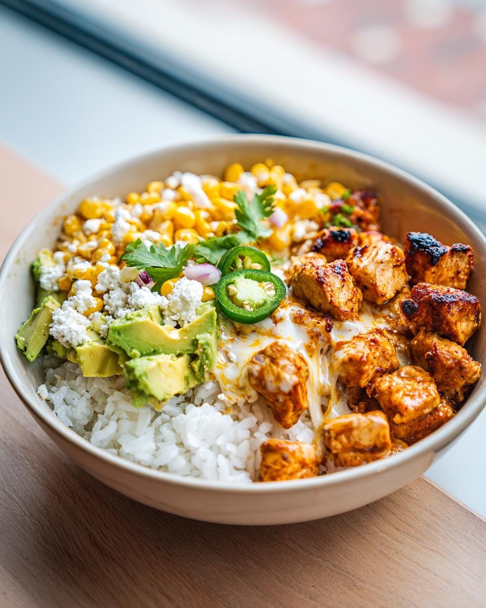 A vibrant Street Corn Chicken Rice Bowl featuring seasoned chicken, corn, avocado, rice, cheese, and jalapenos.