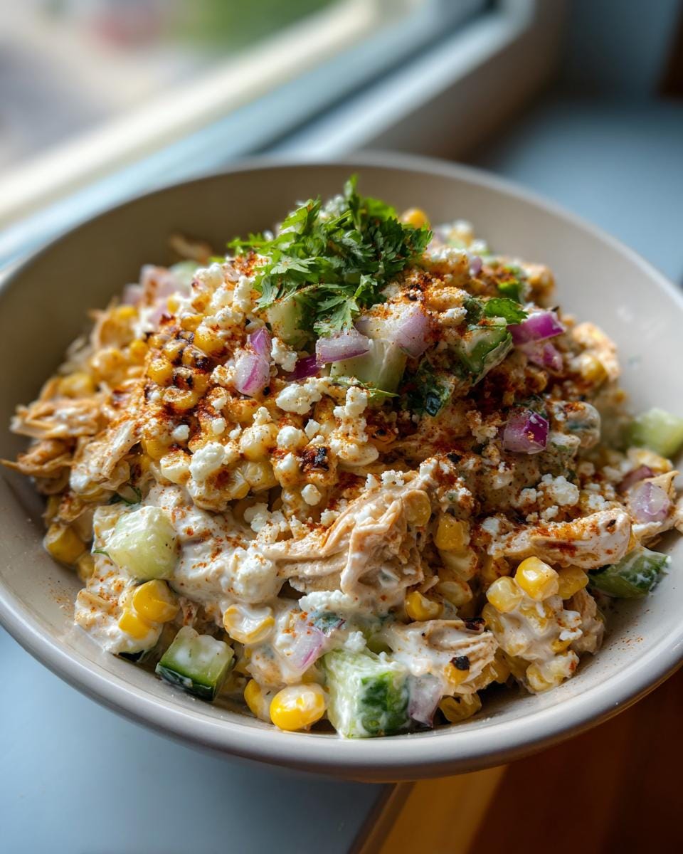 A close-up of a bowl filled with Street Corn Creamy Cucumber Chicken Salad, topped with crumbled cheese and cilantro.