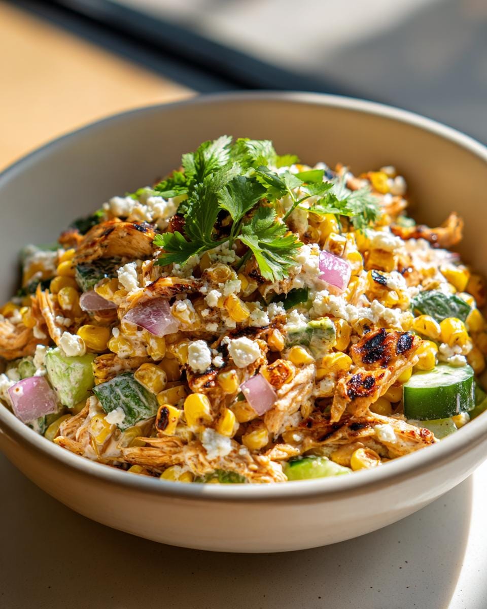 A close-up of Street Corn Creamy Cucumber Chicken Salad in a bowl, topped with cilantro and crumbled cheese.