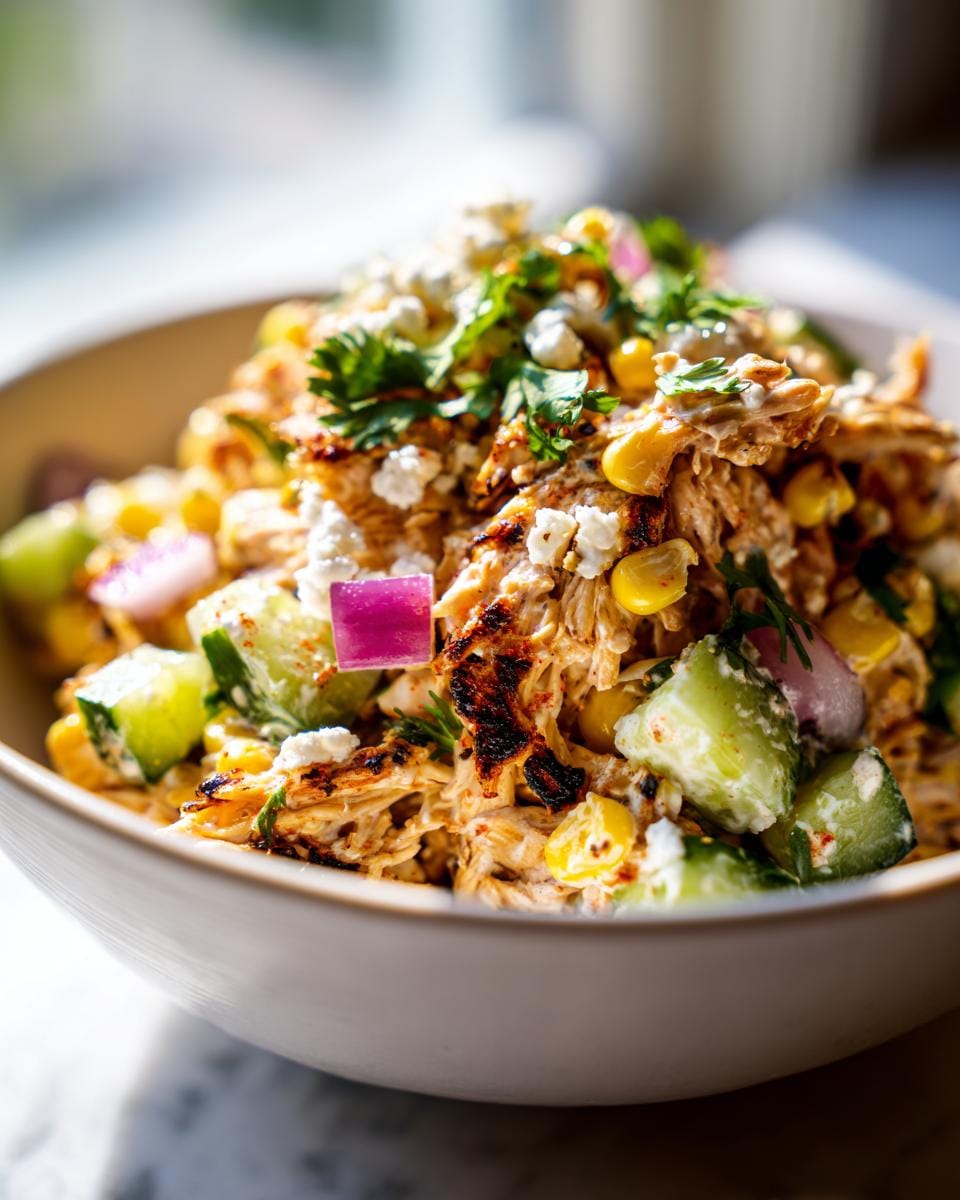Close-up of Street Corn Creamy Cucumber Chicken Salad with grilled chicken, corn, cucumber, red onion, and feta cheese.