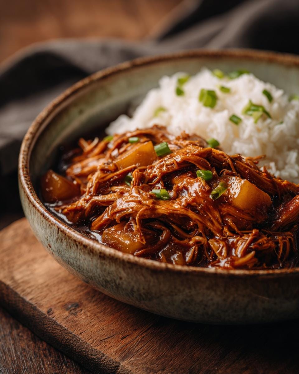 A close-up of delicious Sweet Hawaiian Crockpot Chicken served over white rice, garnished with green onions.