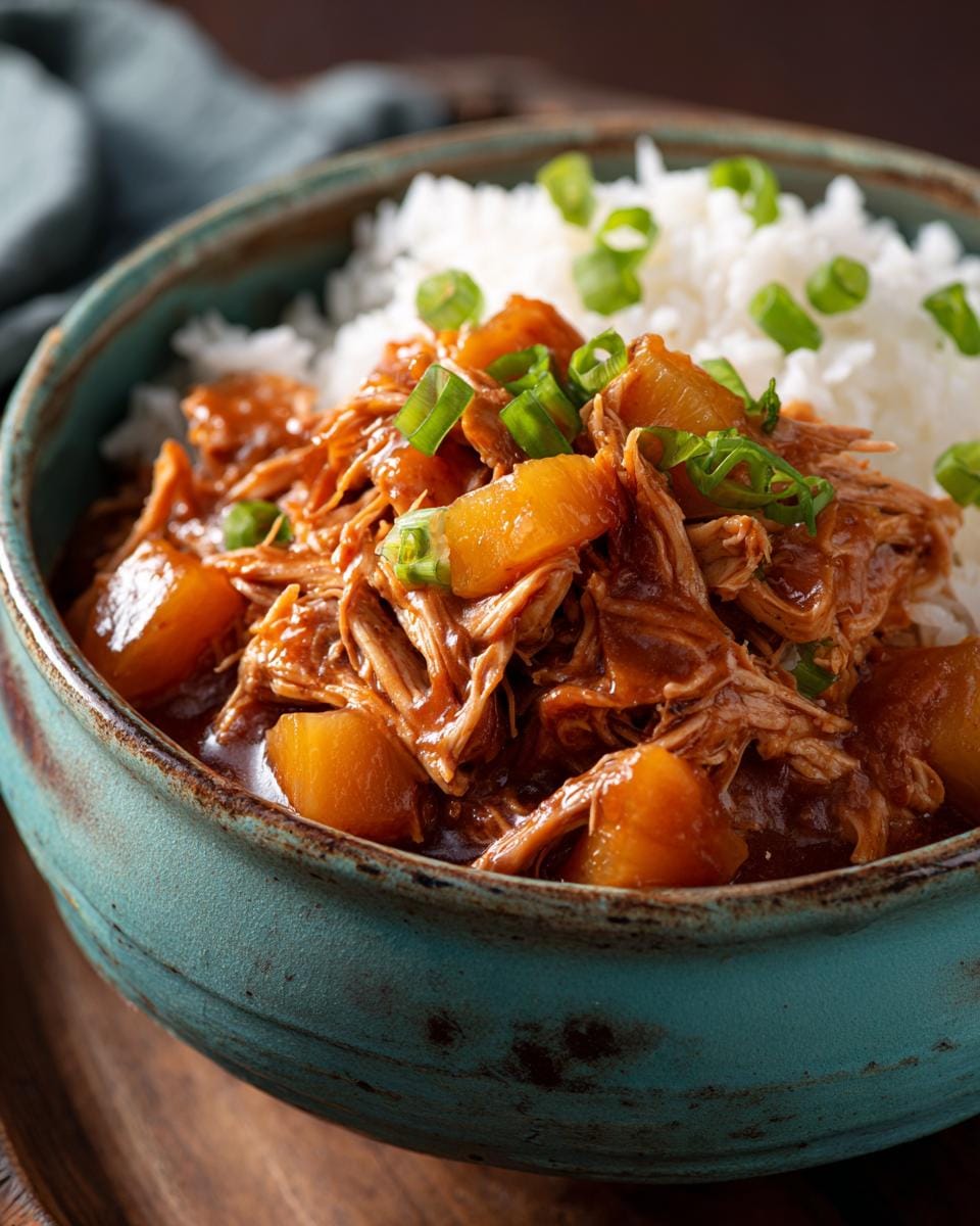 A bowl of fluffy white rice topped with shredded Sweet Hawaiian Crockpot Chicken and pineapple chunks, garnished with green onions.