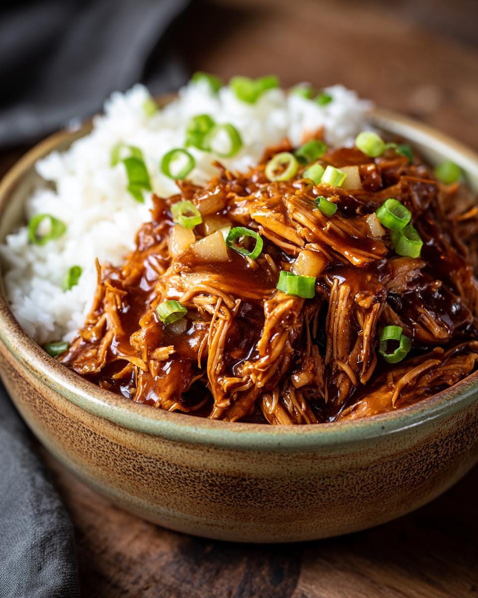 A bowl of fluffy white rice topped with shredded Sweet Hawaiian Crockpot Chicken coated in a glossy sauce and garnished with green onions.