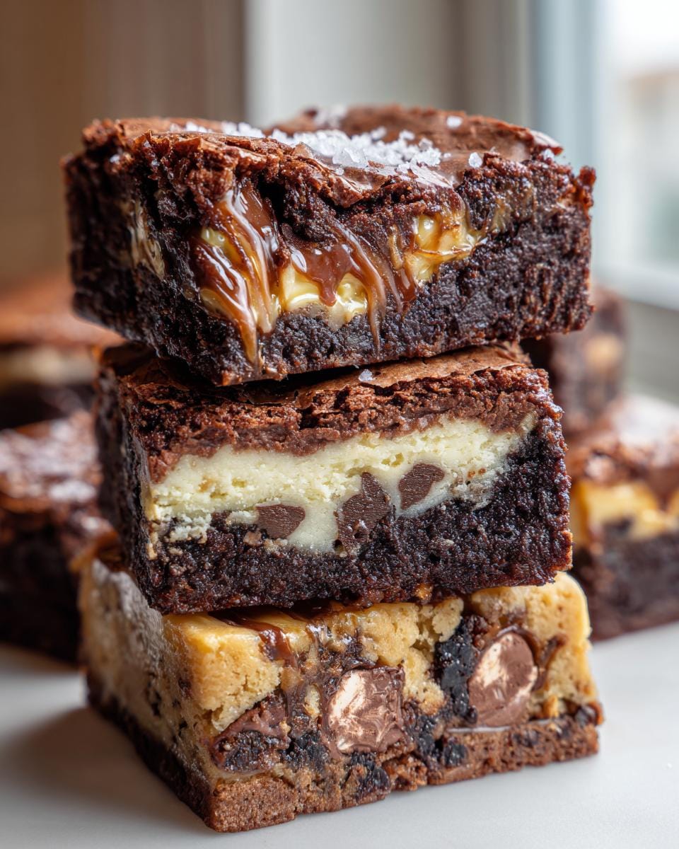 A stack of three Ultimate Decadent Dessert Bars: salted caramel brownie, cheesecake brownie, and cookie dough brownie.